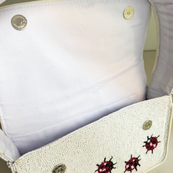Beaded Lady Bug Lucky White Red Large Baguette Bag - Picture 10 of 14